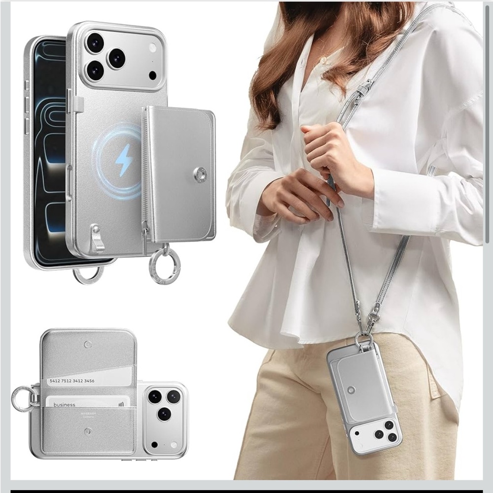 Silver Phone Case with Card Holder and Strap